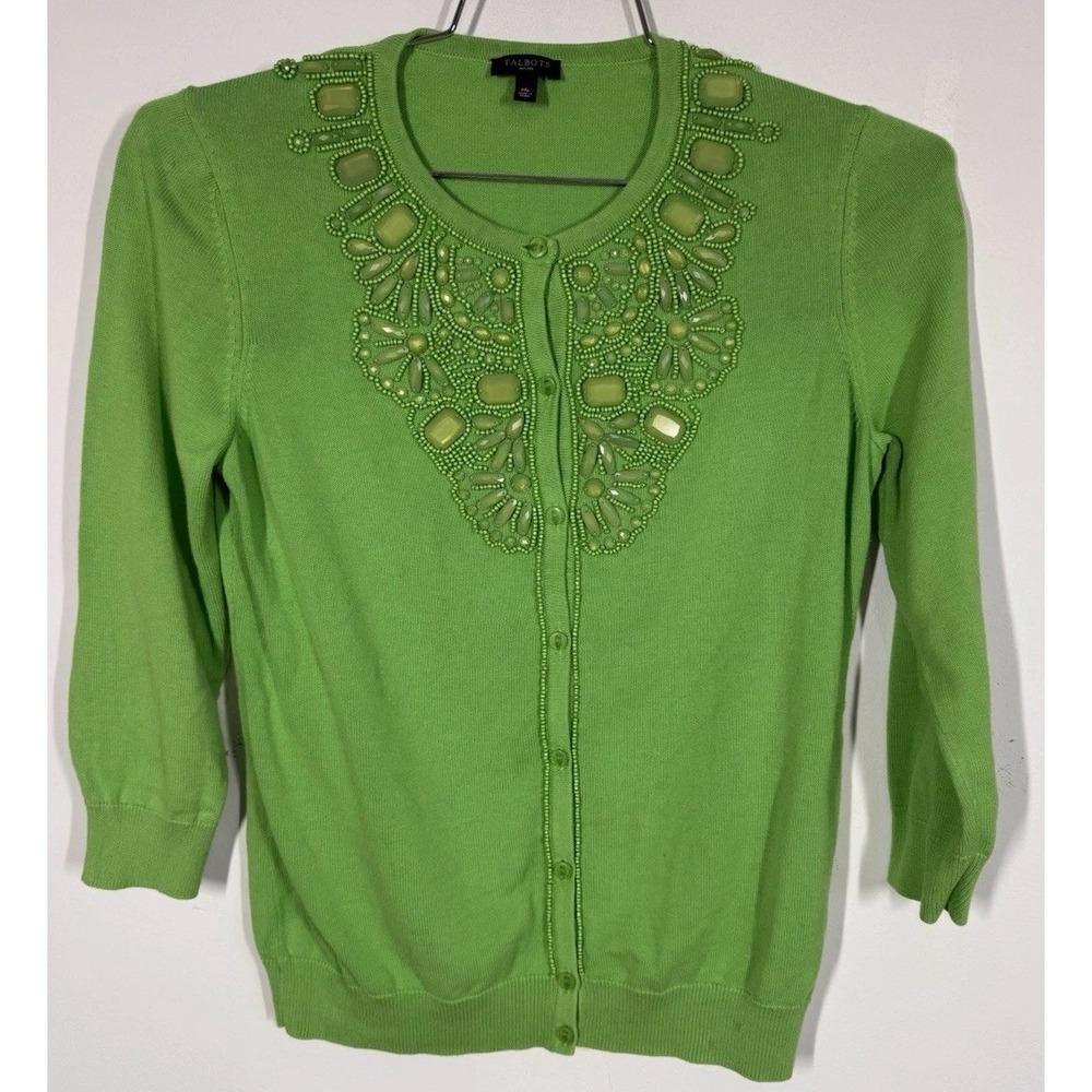 Talbots Vibrant Apple Green Blingy Beaded Button Up Cardigan Sweater Women's MP
